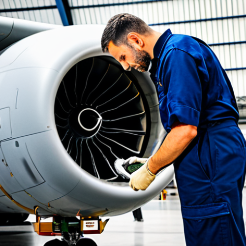 Home 11 A professional aviation mechanic in a modest, dark blue work uniform, meticulously inspecting the engine of a large passenger jet inside a brightly lit, clean aircraft hangar. He holds a technical tool with precision. The background shows parts of the aircraft and orderly equipment. The scene emphasizes focus and responsibility. fully clothed, appropriate attire, safe for work, perfect anatomy, correct proportions, natural pose, professional photography, high quality, modest clothing, family-friendly, well-formed hands, proper finger count, natural body proportions.