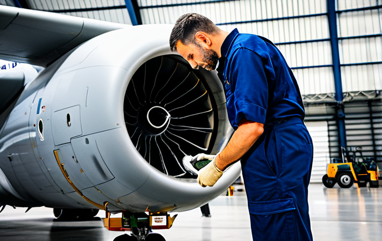 A professional aviation mechanic in a modest, dark blue work uniform, meticulously inspecting the engine of a large passenger jet inside a brightly lit, clean aircraft hangar. He holds a technical tool with precision. The background shows parts of the aircraft and orderly equipment. The scene emphasizes focus and responsibility. fully clothed, appropriate attire, safe for work, perfect anatomy, correct proportions, natural pose, professional photography, high quality, modest clothing, family-friendly, well-formed hands, proper finger count, natural body proportions.