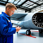 A professional aircraft mechanic in a clean, modest work uniform, focused on an innovative electrical propulsion system in a state-of-the-art hangar. The mechanic is observing intricate wiring and advanced battery modules, suggesting continuous learning and adaptation to new technologies. The setting is bright and spacious, emphasizing a forward-thinking environment. Fully clothed, appropriate attire, safe for work, professional, perfect anatomy, correct proportions, natural pose, well-formed hands, proper finger count, natural body proportions, professional photography, high quality, appropriate content, family-friendly.