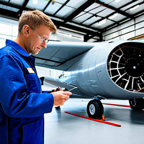 Home 6 A professional aircraft mechanic in a clean, modest work uniform, focused on an innovative electrical propulsion system in a state-of-the-art hangar. The mechanic is observing intricate wiring and advanced battery modules, suggesting continuous learning and adaptation to new technologies. The setting is bright and spacious, emphasizing a forward-thinking environment. Fully clothed, appropriate attire, safe for work, professional, perfect anatomy, correct proportions, natural pose, well-formed hands, proper finger count, natural body proportions, professional photography, high quality, appropriate content, family-friendly.