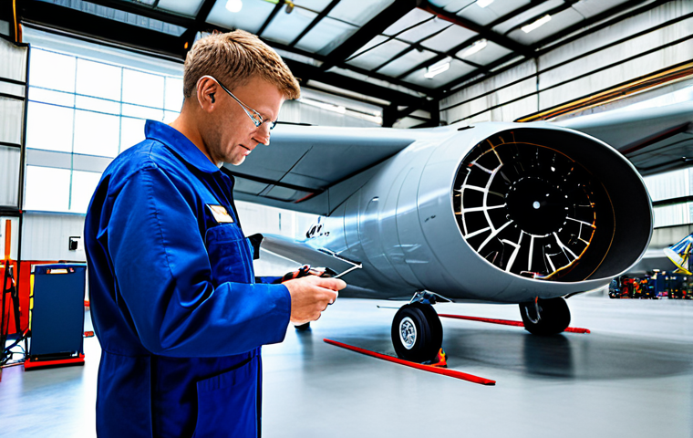 A professional aircraft mechanic in a clean, modest work uniform, focused on an innovative electrical propulsion system in a state-of-the-art hangar. The mechanic is observing intricate wiring and advanced battery modules, suggesting continuous learning and adaptation to new technologies. The setting is bright and spacious, emphasizing a forward-thinking environment. Fully clothed, appropriate attire, safe for work, professional, perfect anatomy, correct proportions, natural pose, well-formed hands, proper finger count, natural body proportions, professional photography, high quality, appropriate content, family-friendly.